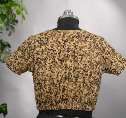 V Neck Stretchable Hand block printed kalamkari blouse (small hands) | Looms & Tassels