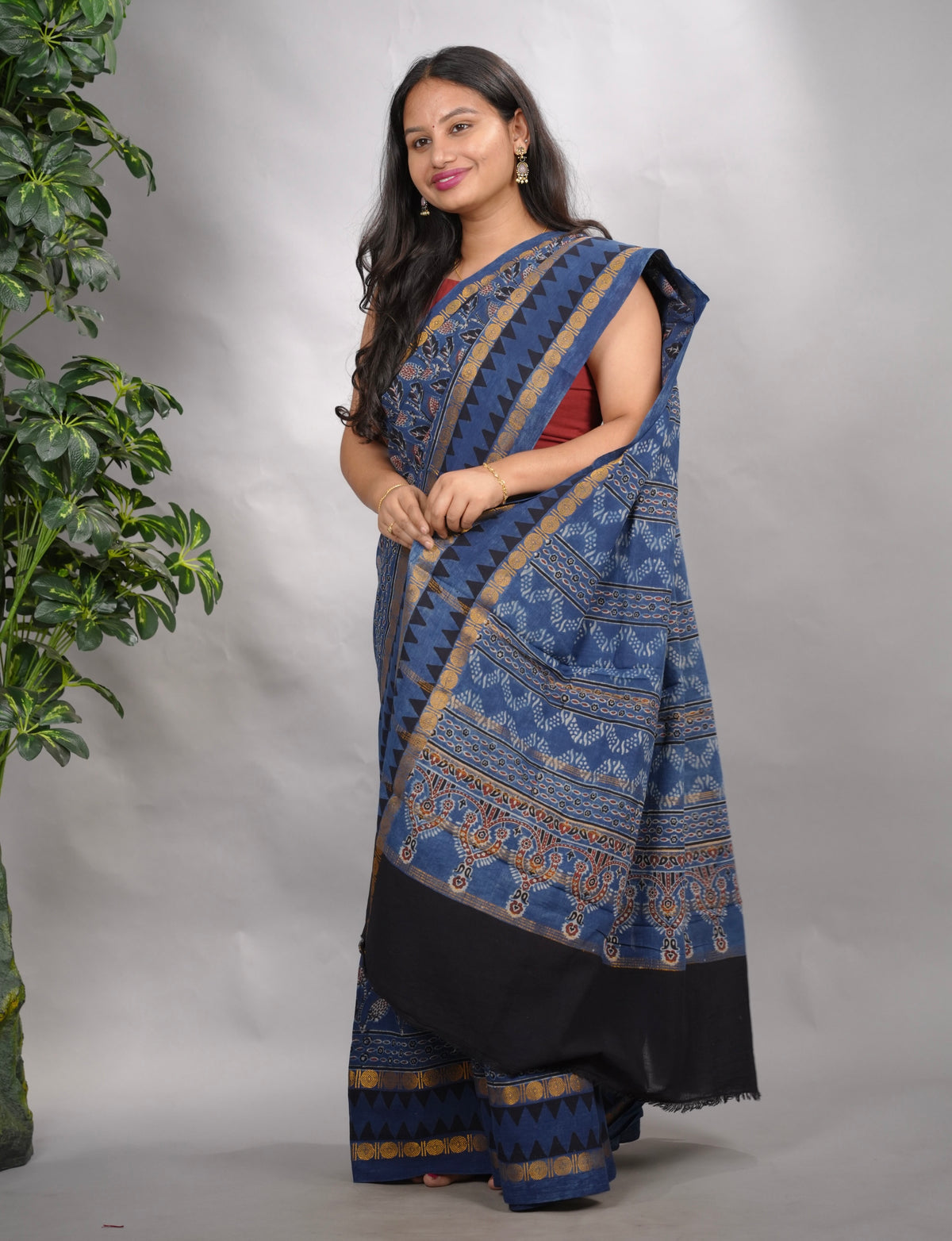 Indigo Blue Ajrakh Hand Block Printed Sungudi Cotton Saree | Looms & Tassels