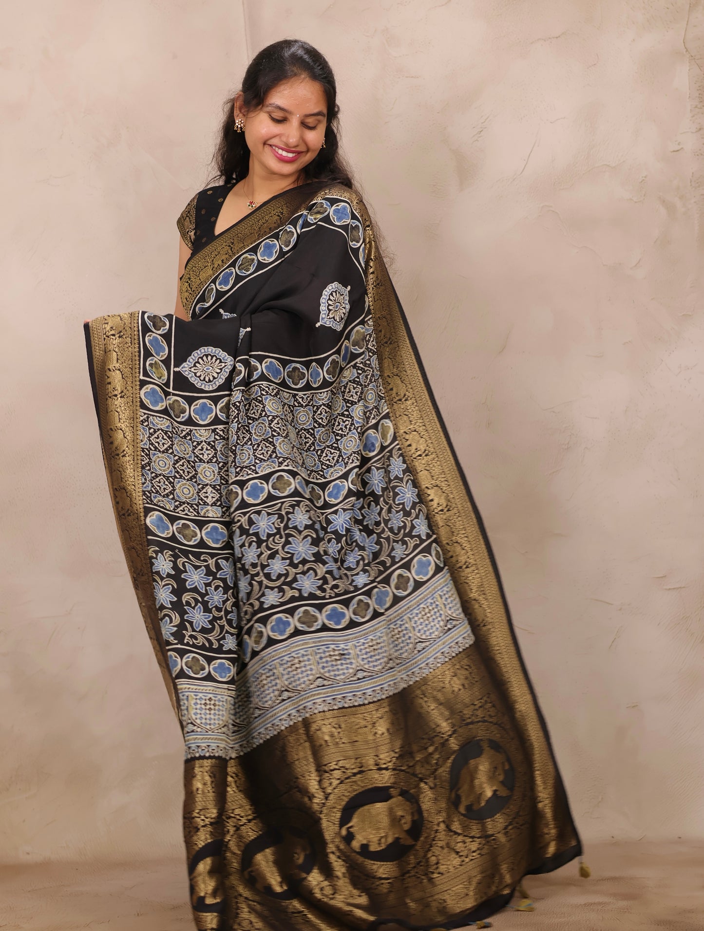 Black Ajrakh Handblock printed Dola Silk Saree | Looms & Tassels