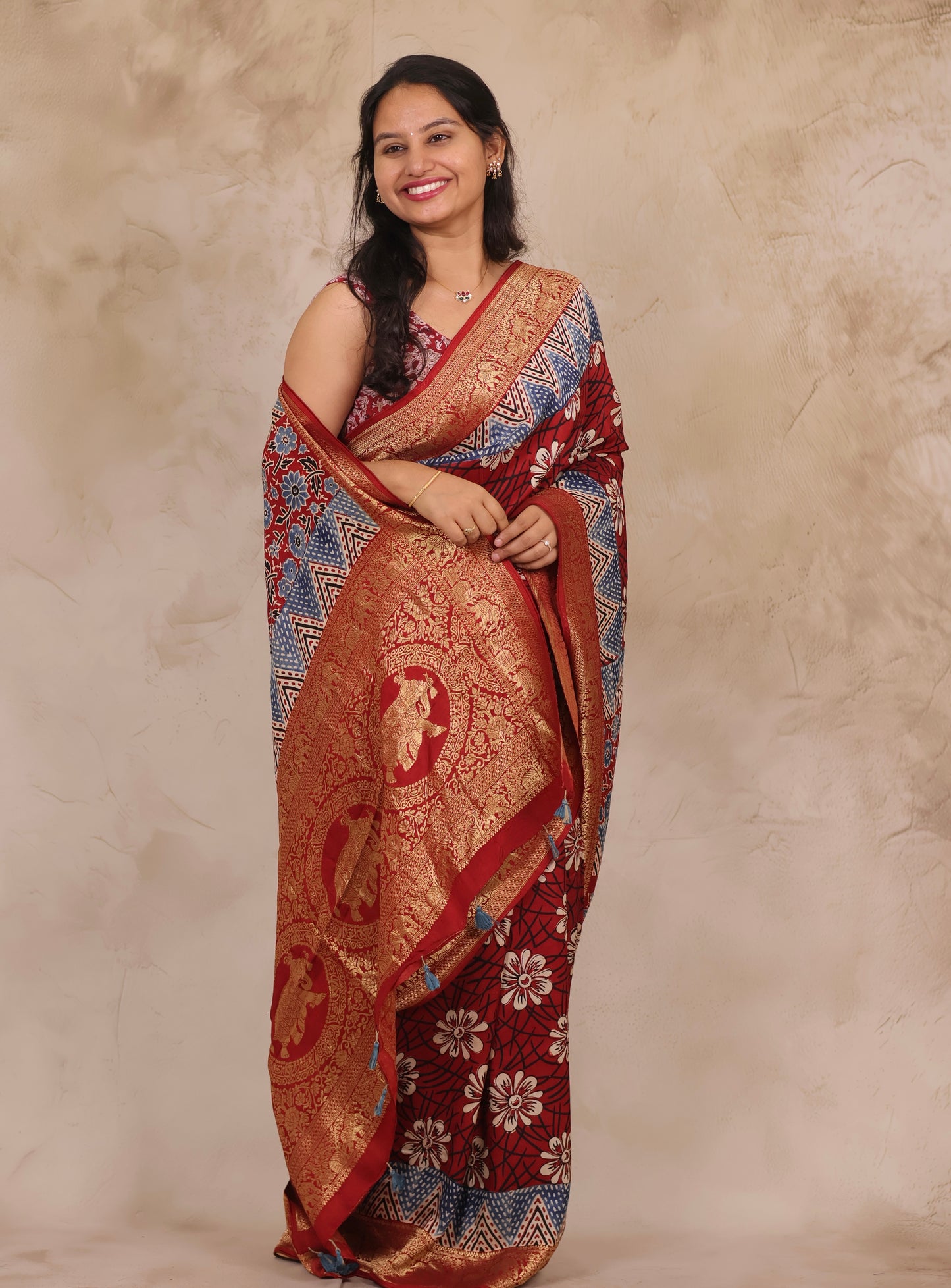 Floral Ajrakh Handblock printed Dola Silk Saree | Looms & Tassels