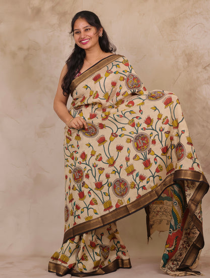 Cream Lotus Kalamkari Nizam Border Chennur Silk Saree | Looms & Tassels