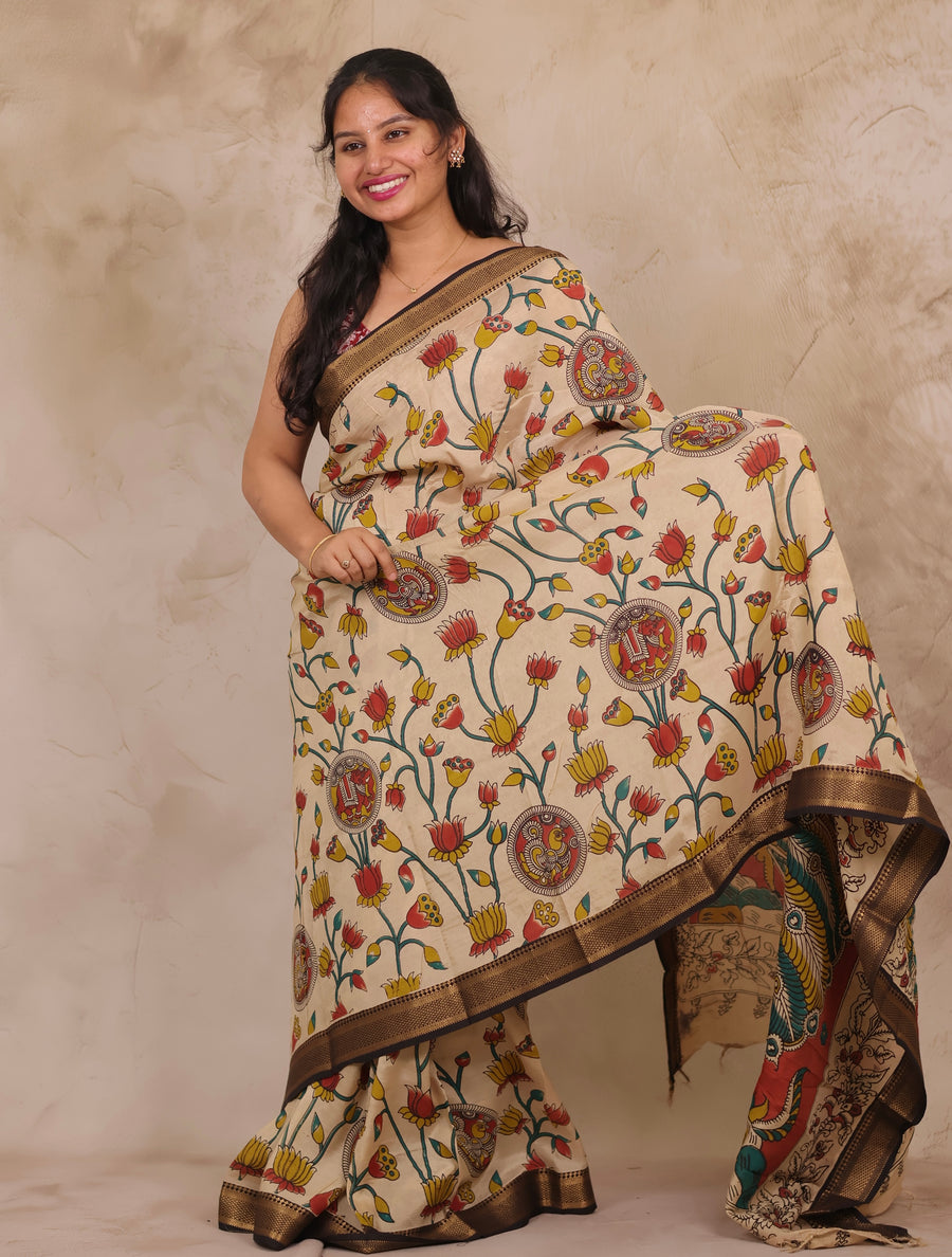 Cream Lotus Kalamkari Nizam Border Chennur Silk Saree | Looms & Tassels