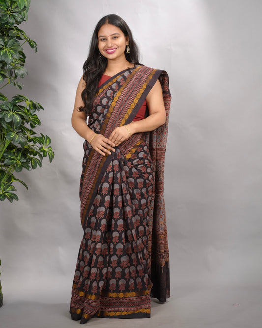 Black Ajrakh Hand Block Printed Sungudi Cotton Saree | Looms & Tassels