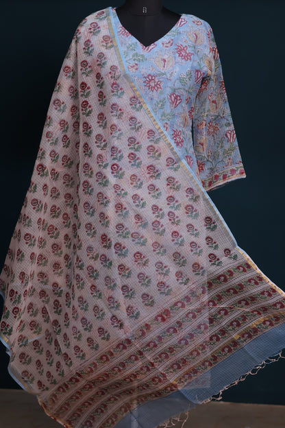 Sky blue Handblock printed kota 3 piece suit (stitched)