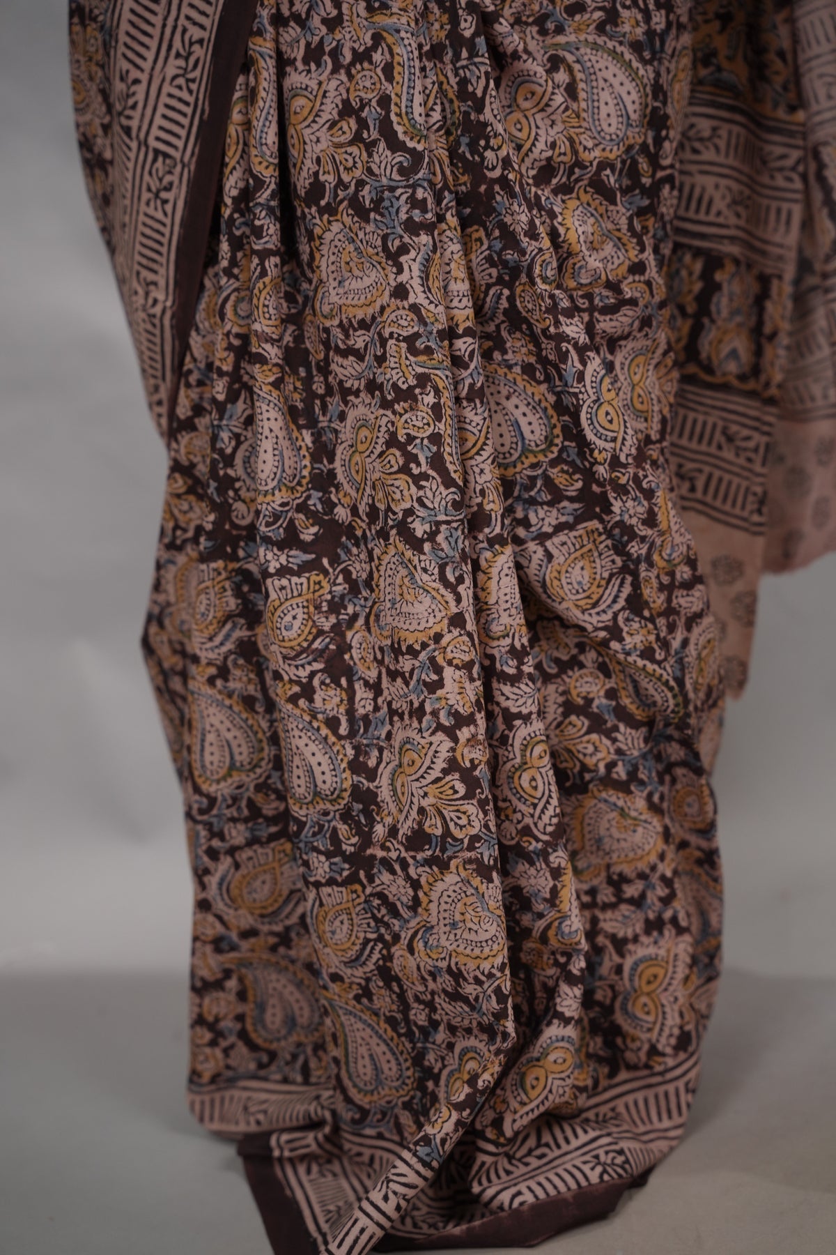 Brown Hand Block Printed Kalamkari Cotton Saree | Looms & Tassels
