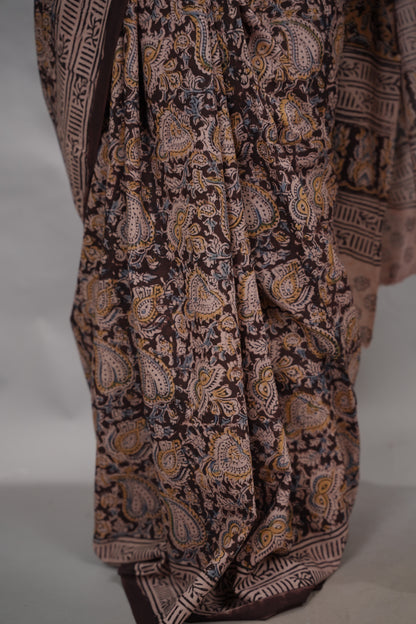 Brown Hand Block Printed Kalamkari Cotton Saree | Looms & Tassels