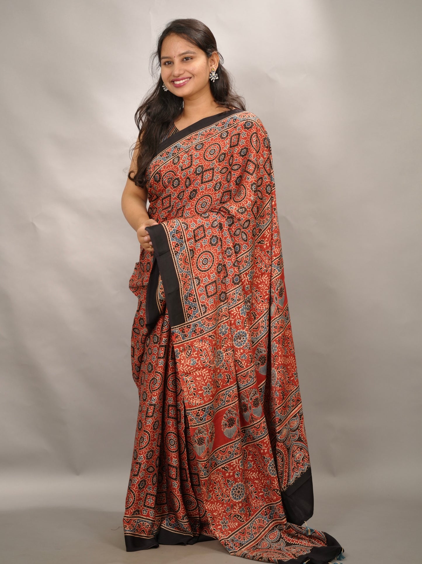 Red Authentic Ajrakh Handblock Printed Modal Silk Saree | Looms & Tassels