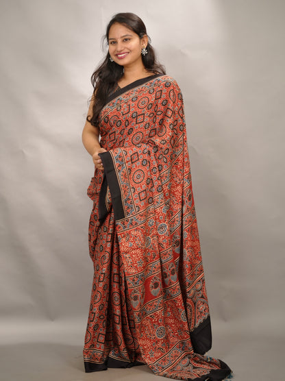 Red Authentic Ajrakh Handblock Printed Modal Silk Saree | Looms & Tassels