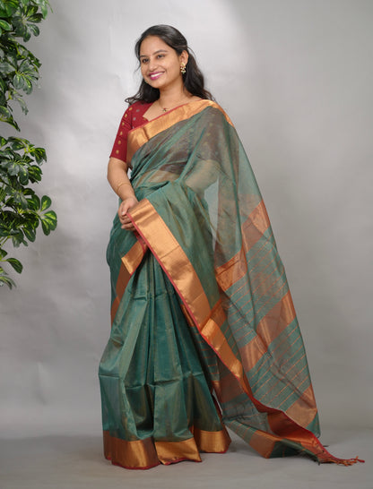 Sea Green Checks Handloom Maheswari Tissue Silk Cotton Sarees | Looms & Tassels