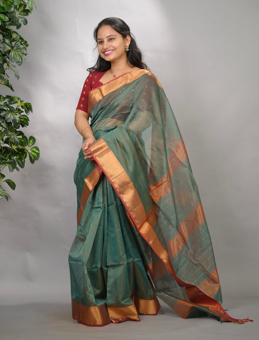 Sea Green Checks Handloom Maheswari Tissue Silk Cotton Sarees | Looms & Tassels