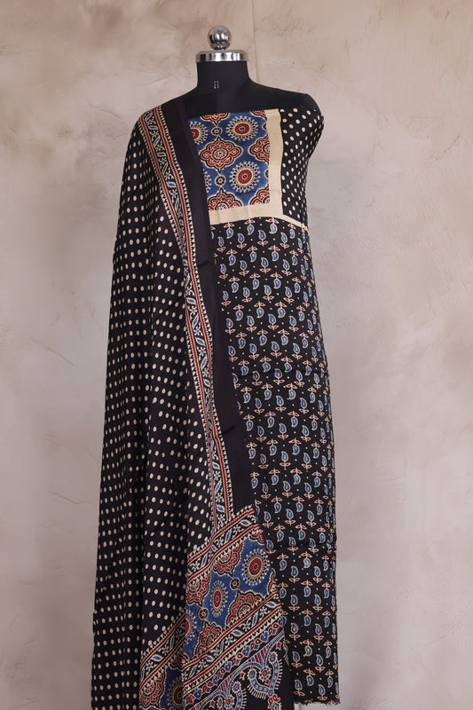 Black Mango Motifs Ajrakh Handblock Printed Modal Silk 2 Piece Suit Set | Looms & Tassels