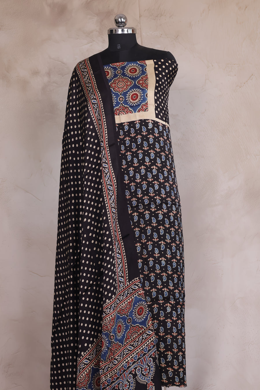 Black Mango Motifs Ajrakh Handblock Printed Modal Silk 2 Piece Suit Set | Looms & Tassels