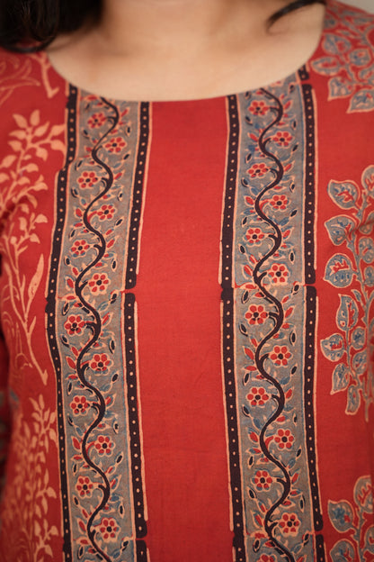 Red Ajrakh Pattern Hand Block printed Kurti | Looms & Tassels