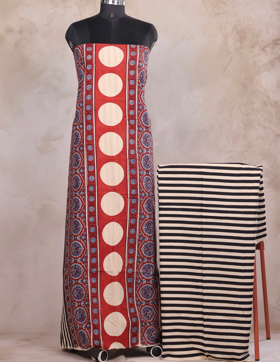 Contemporary Stripes Ajrakh Handblock Printed Pure Cotton 2 Piece Suit Set | Looms & Tassels