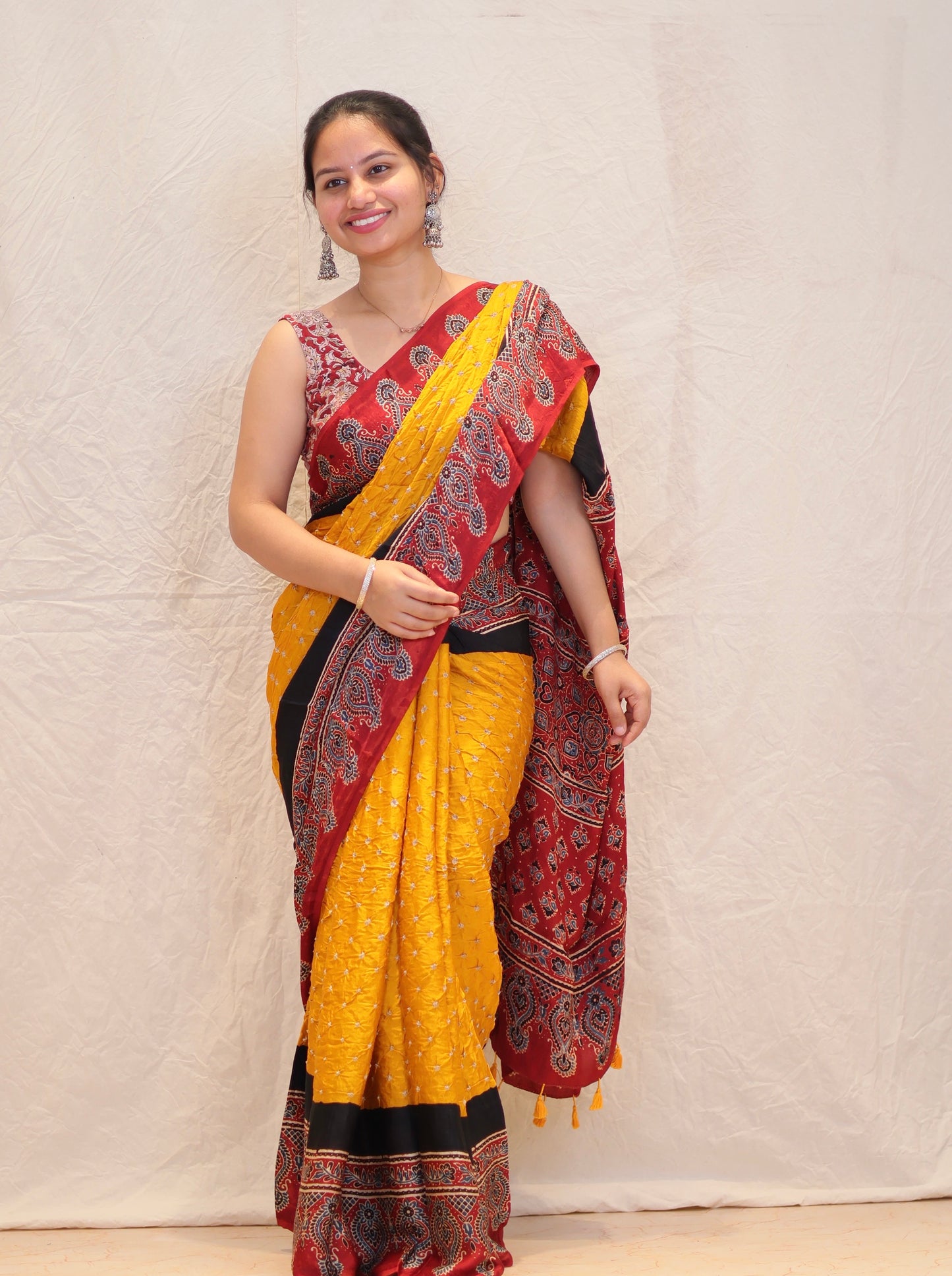 Yellow Ajrakh Bandhej Modal Silk