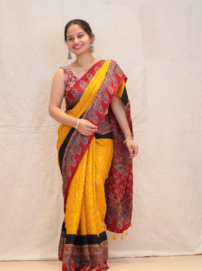 Yellow Ajrakh Bandhej Modal Silk