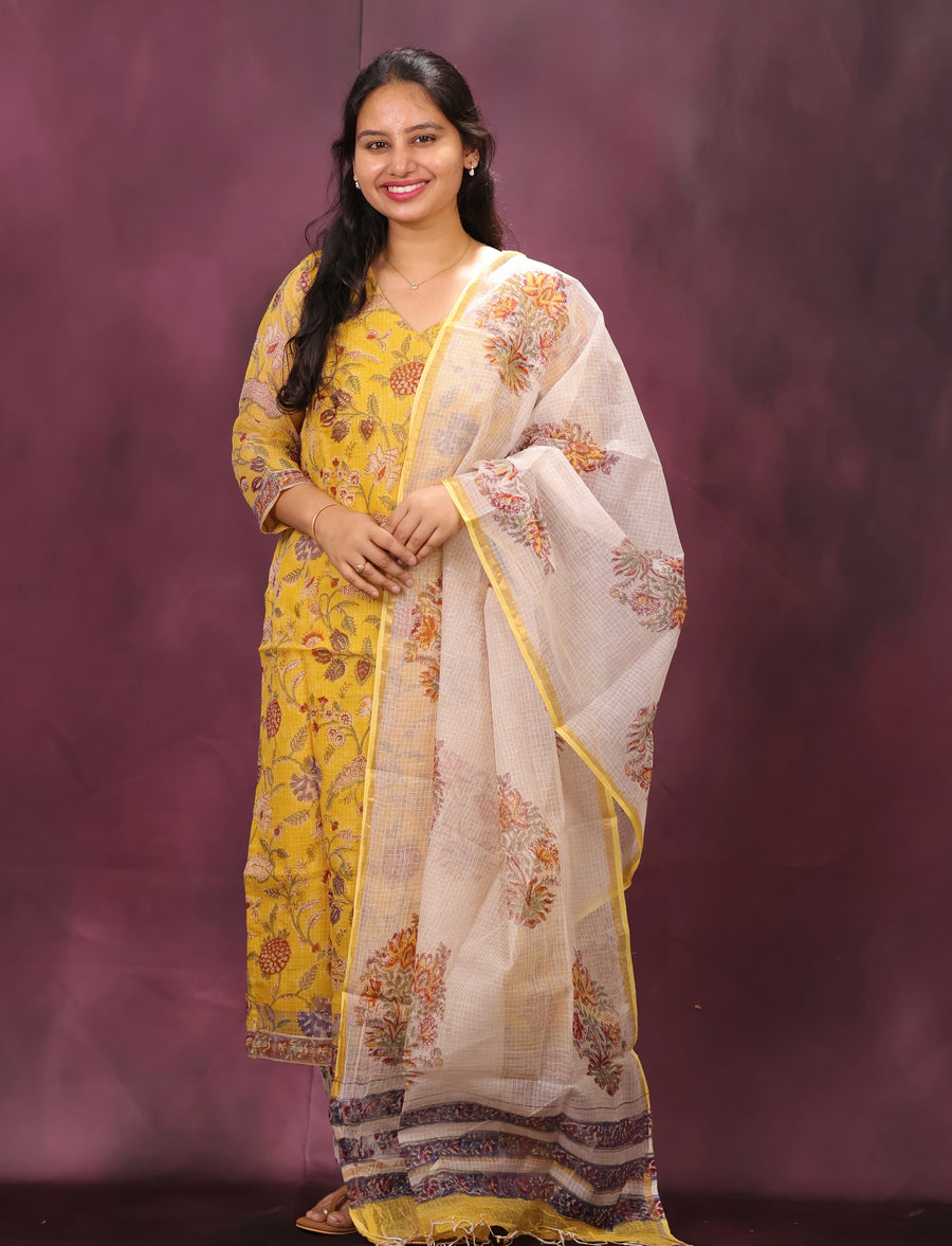 Yellow Handblock printed kota 3 piece suit (stitched)