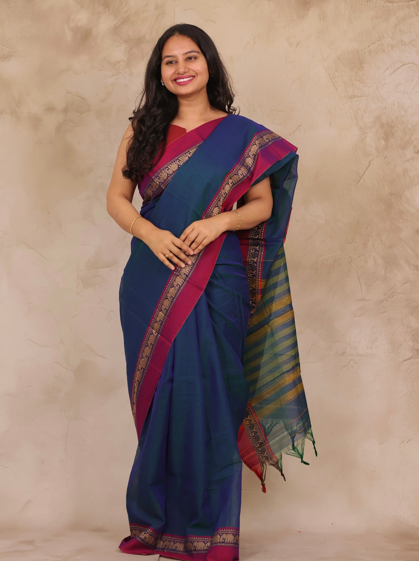 Peacock Blue Narayanpet Cotton Saree with Elephant Border | Looms & Tassels