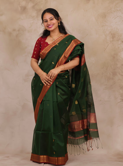 Green Handloom Maheswari Silk Cotton Sarees | Looms & Tassels