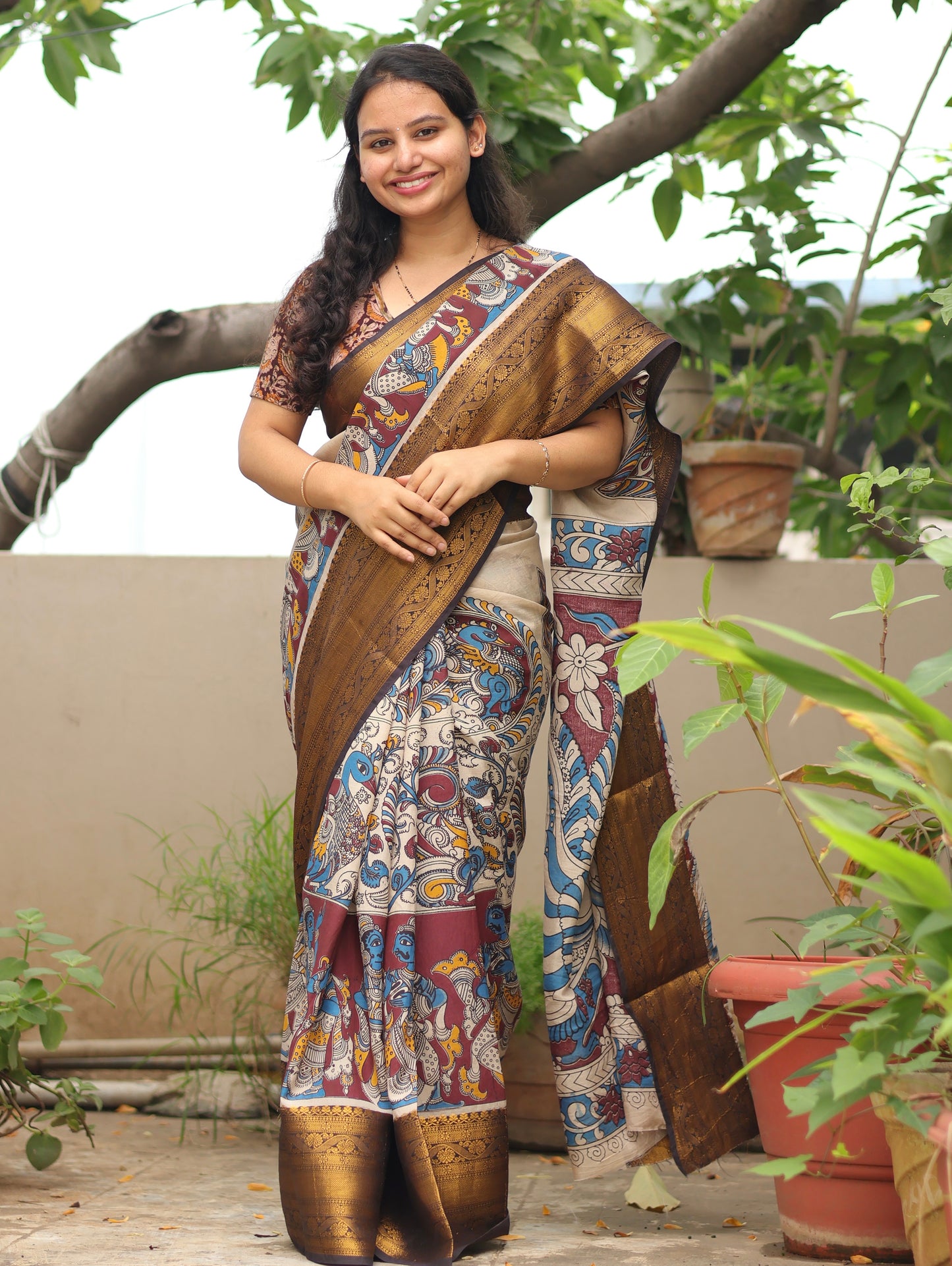 Cream & Brown Kanchi border Kalamkari chennur silk saree