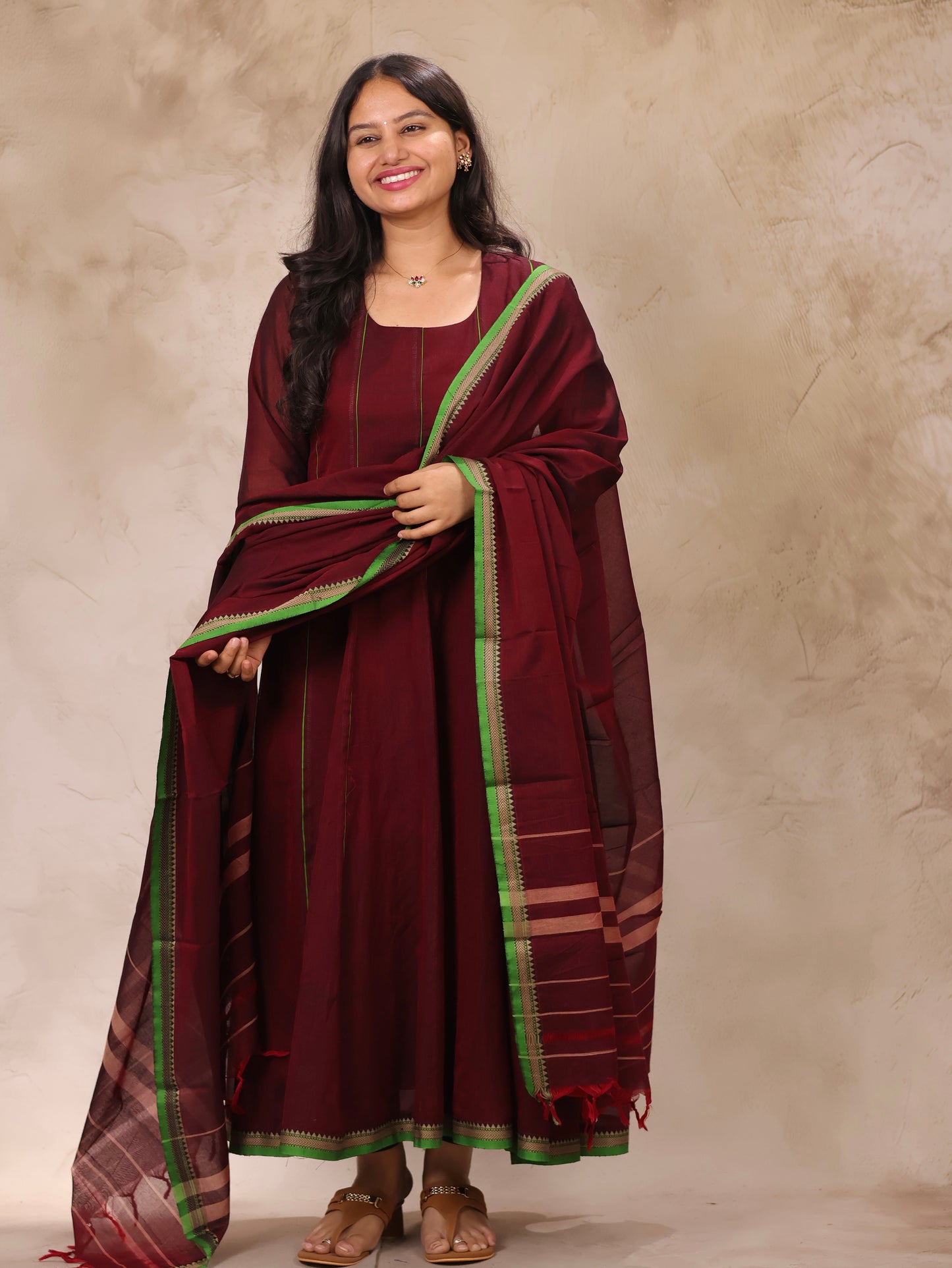 Maroon Narayanpet Cotton Anarkali Dress with Narayanpet Dupatta | Looms & Tassels