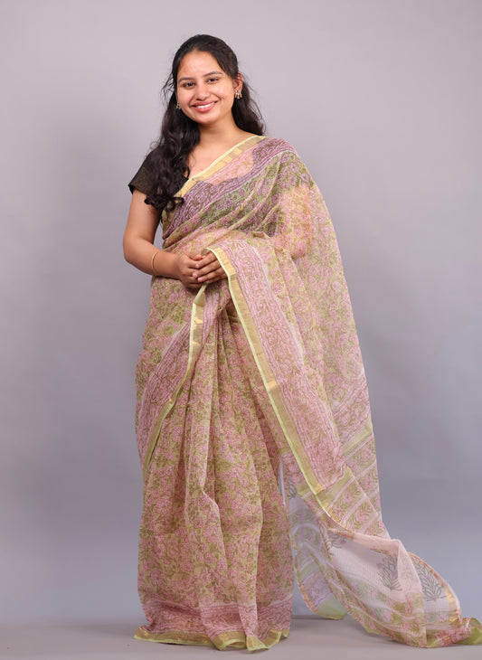 Pure Kota Doria Saree with Bagru Handblock Prints – Cream | Looms