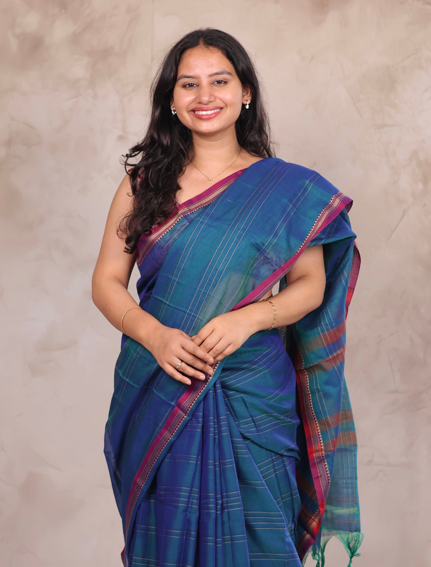 Peacock Blue Narayanpet Cotton Saree lines weaving  | Looms & Tassels