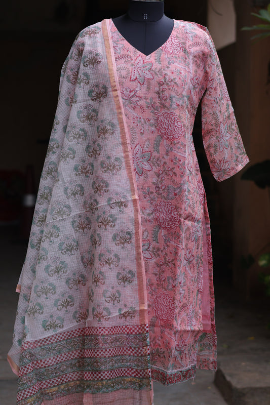 Peach Handblock printed kota 3 piece suit (stitched)