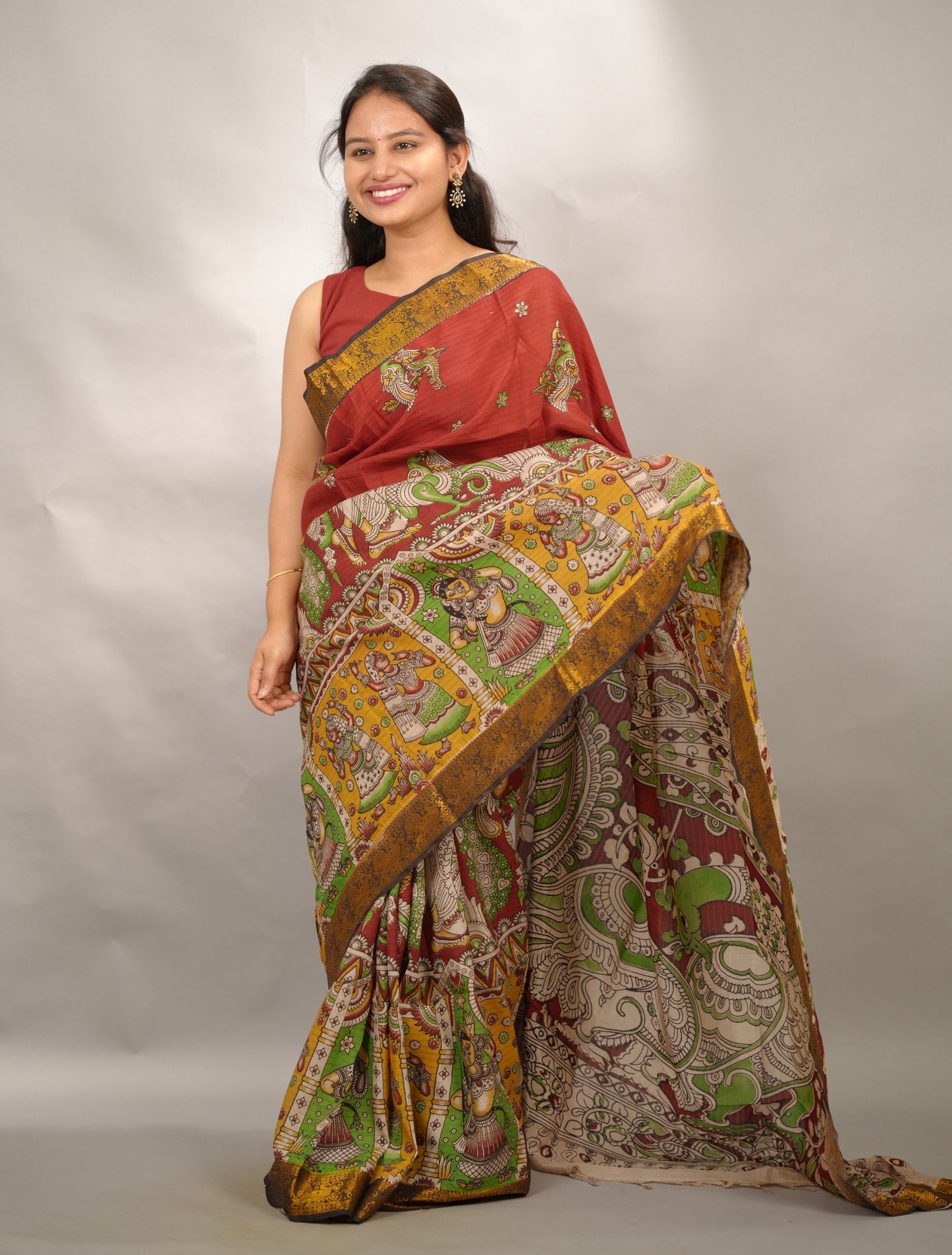 Red Kanchi border Kalamkari chennur silk saree