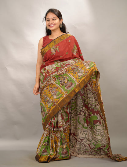 Red Kanchi border Kalamkari chennur silk saree