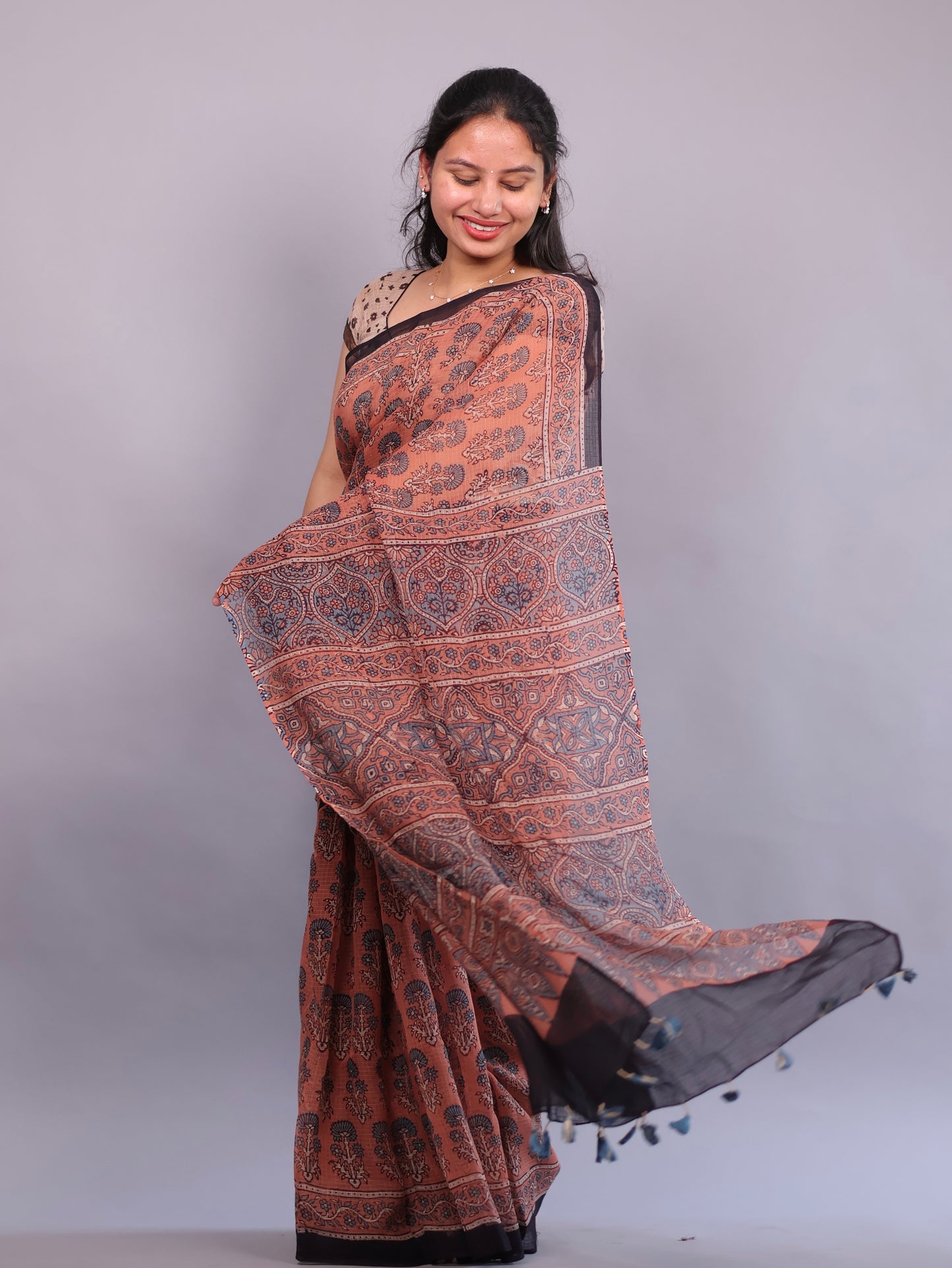 Rust Orange Ajrakh Hand Block Printed Kota Doria Saree | Looms & Tassels