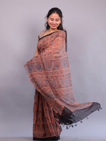 Rust Orange Ajrakh Hand Block Printed Kota Doria Saree | Looms & Tassels