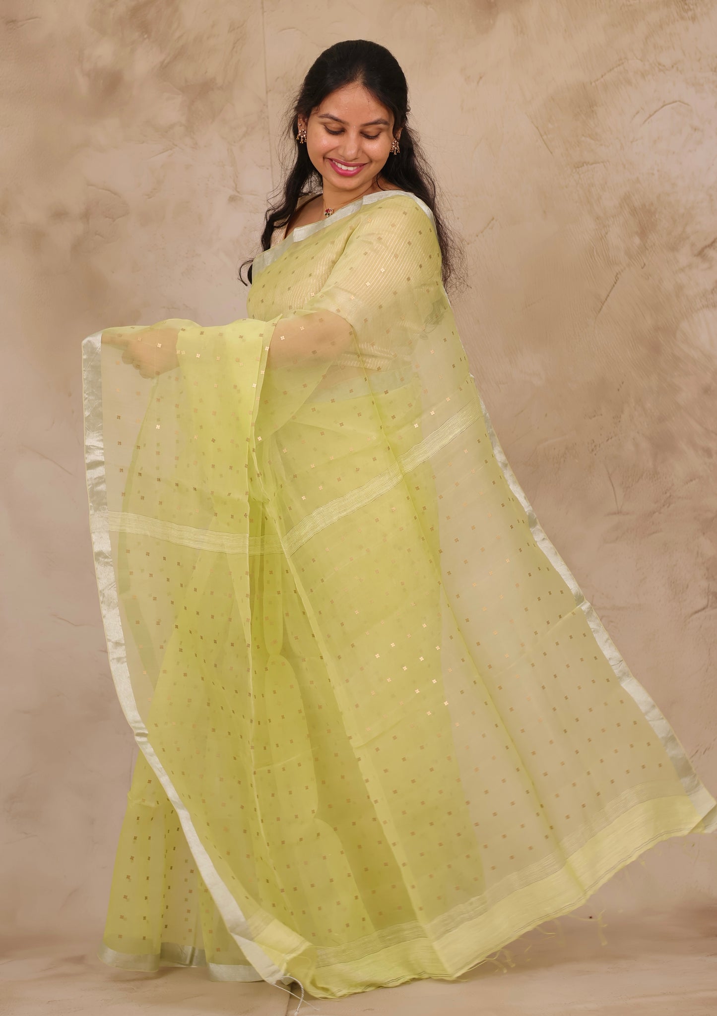 Pastel Yellow Handwoven Muslin Silk Saree With Sequence Work | Looms & Tassels