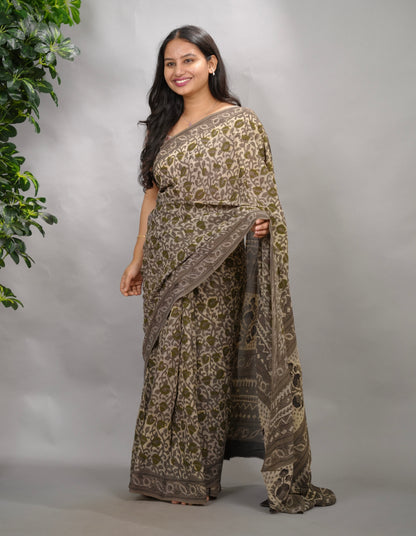 Grey Georgette Hand Block Printed Saree| Looms & Tassels