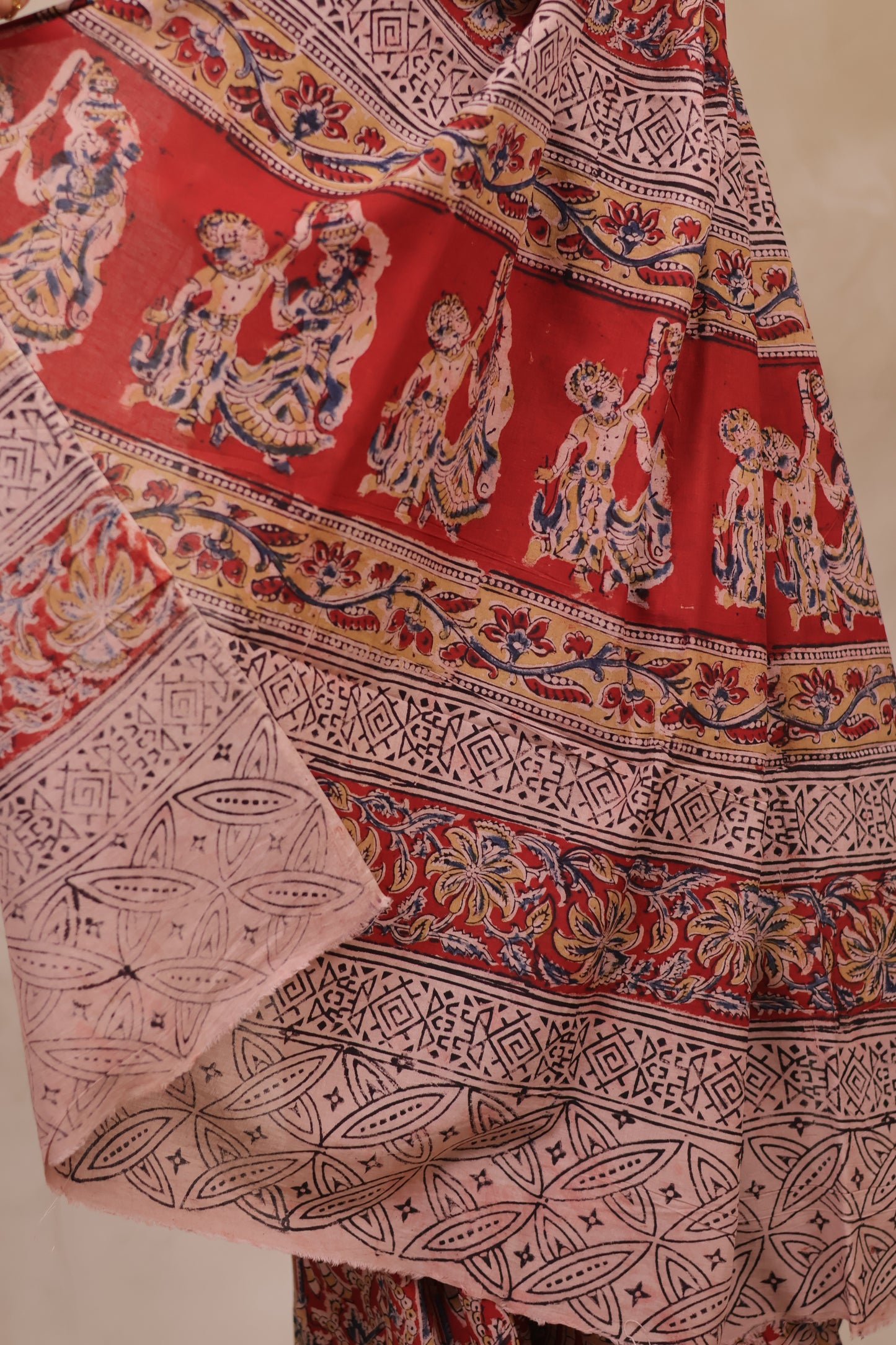 Red Hand Block Printed Kalamkari Cotton Saree | Looms & Tassels