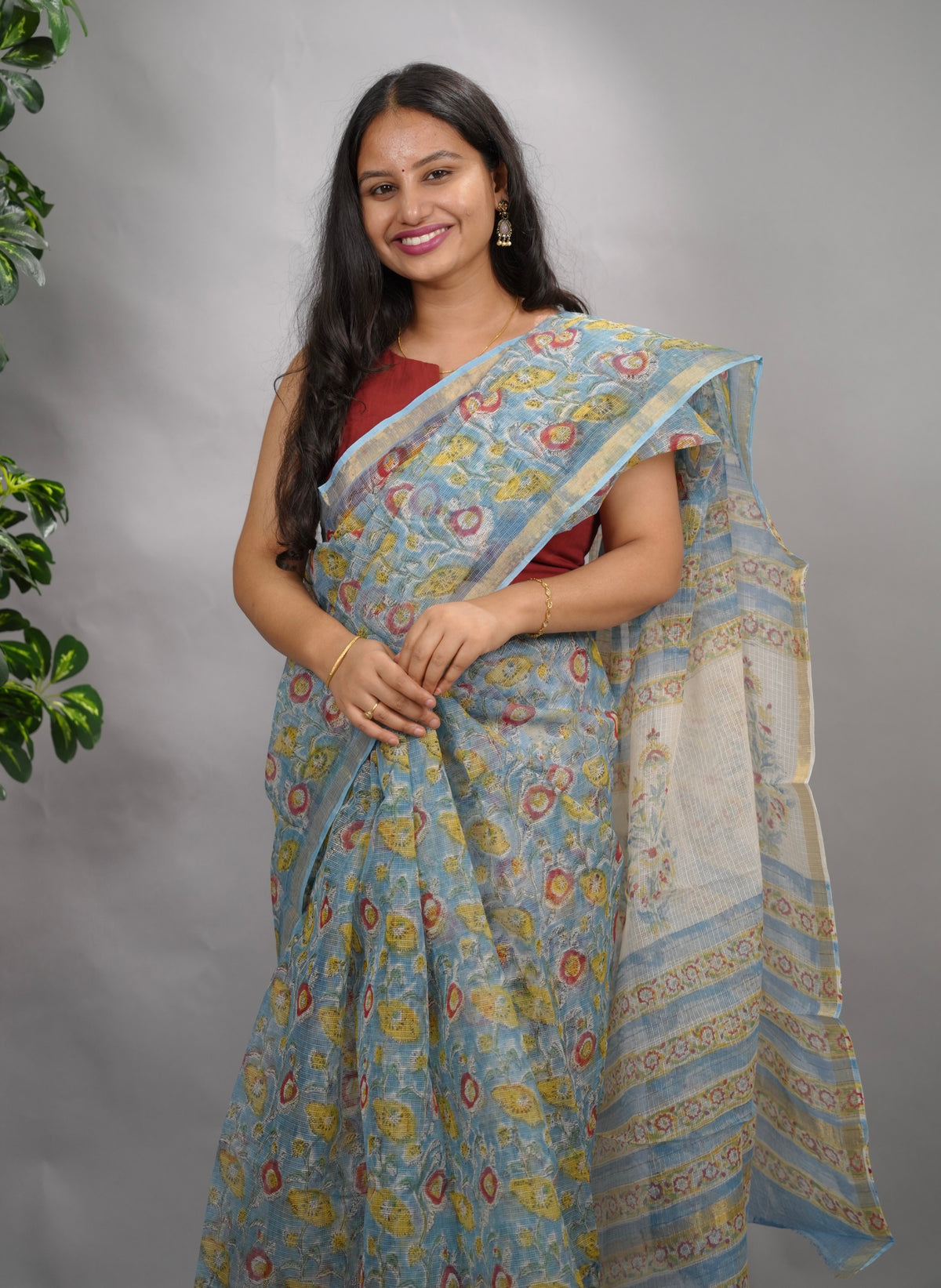 Powder Blue Pure Kota Doria Saree with Bagru Handblock Prints
