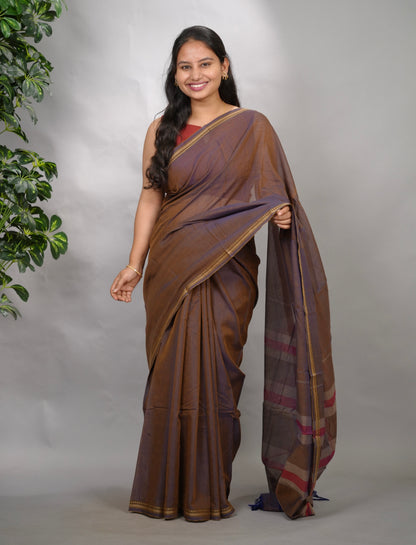 Brown Dual Shade Narayanpet Cotton Saree | Looms & Tassels