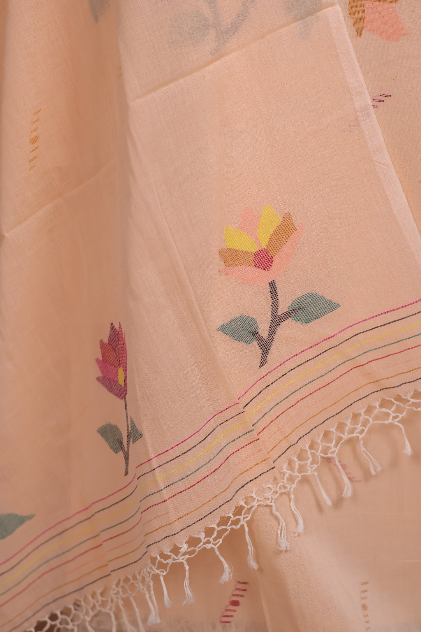 Pastel Peach Handwoven Jamdhani weaving pure Malai cotton 2 piece suit sets | Looms & Tassels