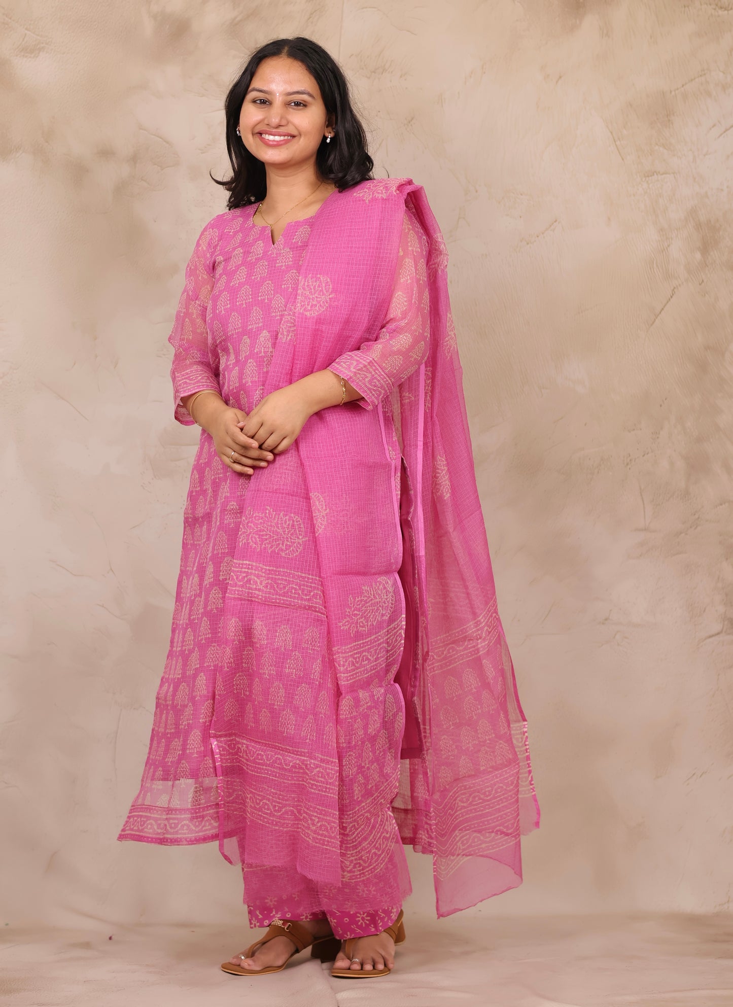 Pastel Pink Bagru Handblock printed kota 3 piece suit (stitched)