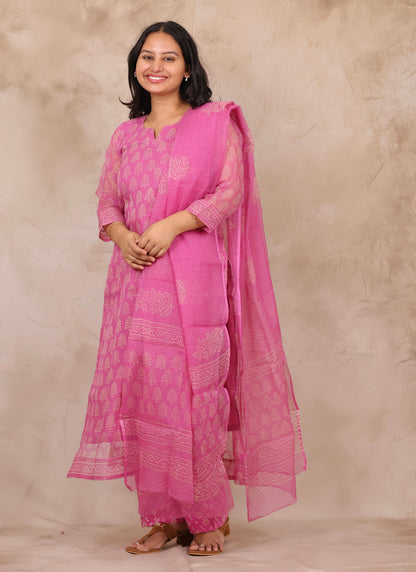 Pastel Pink Bagru Handblock printed kota 3 piece suit (stitched)