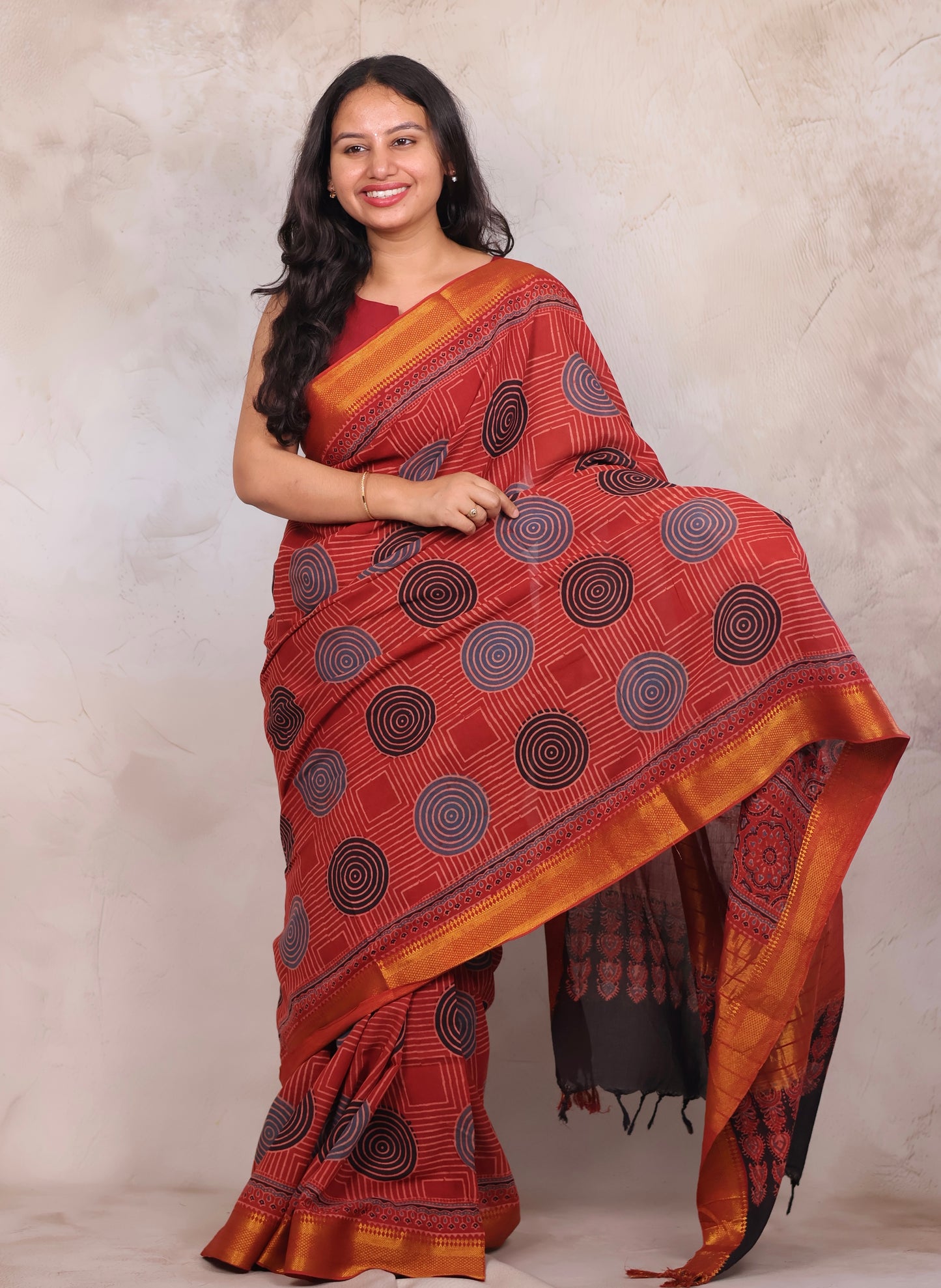 Red Ajrakh Hand Block Printed Mangalagiri Cotton Saree | Looms & Tassels