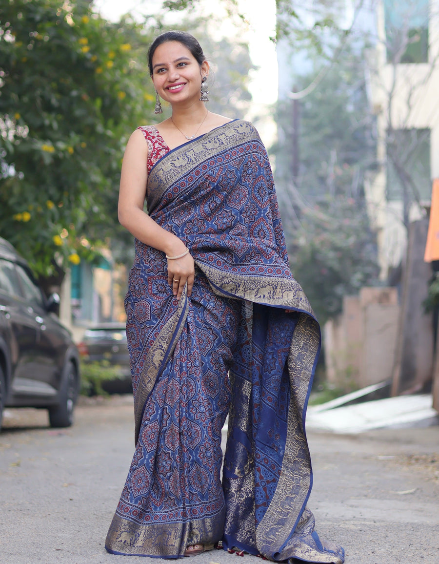 Indigo Badam Butta Authentic Ajrakh Handblock Printed Dola Silk Saree | Looms & Tassels