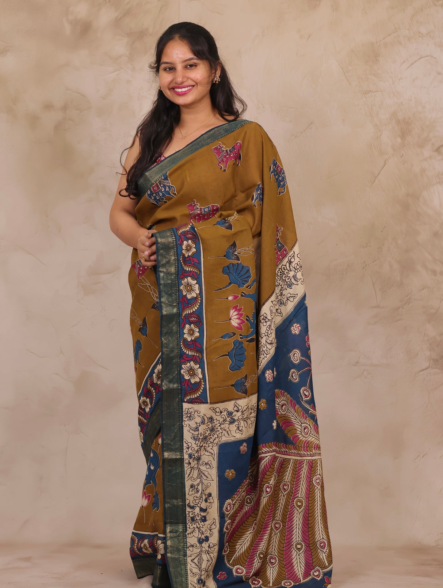 Mustard Kalamkari Nizam Border Chennur Silk Saree | Looms & Tassels