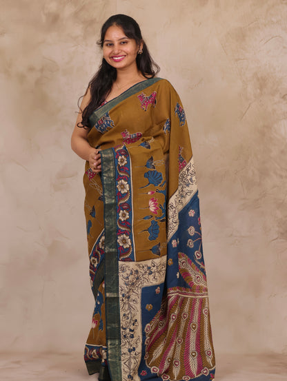 Mustard Kalamkari Nizam Border Chennur Silk Saree | Looms & Tassels