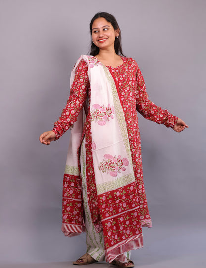 Red Floral Handblock printed Pure Mul Cotton with Mul Cotton Duppata 3 piece suit In Chudi Sleeves (stitched)