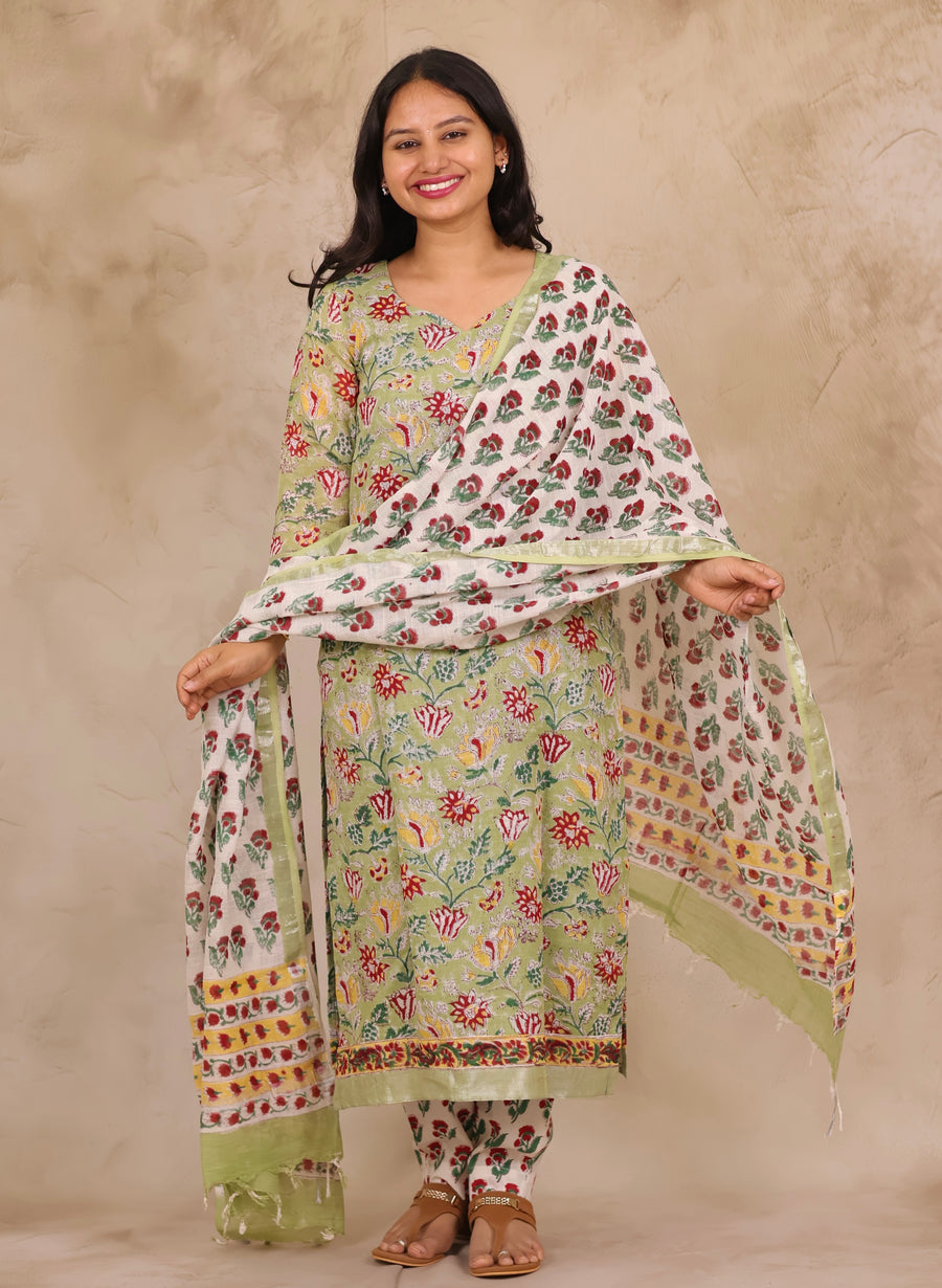 Green Linen Cotton Handblock printed 3 piece suit (stitched)