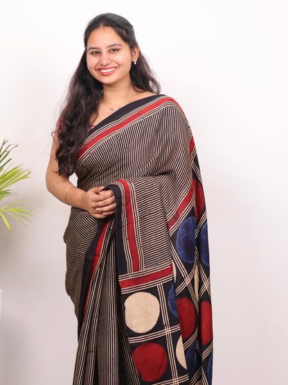 Black Stripes Contemporary Authentic Ajrakh Modal Silk Saree | Looms & Tassels