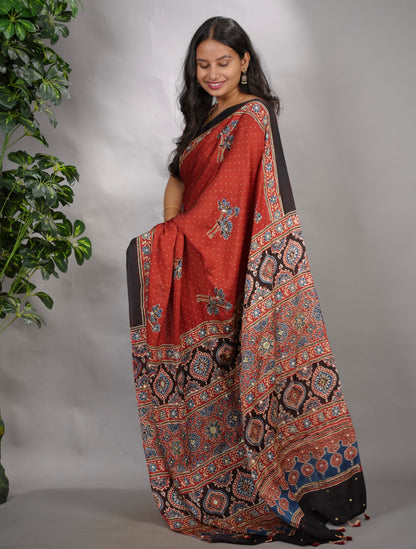 Maroon Ajrakh Modal Silk Hand Embroidery Saree  | Looms & Tassels