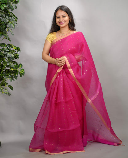 Pink Handwoven Muslin Silk Saree With Sequence Work | Looms & Tassels