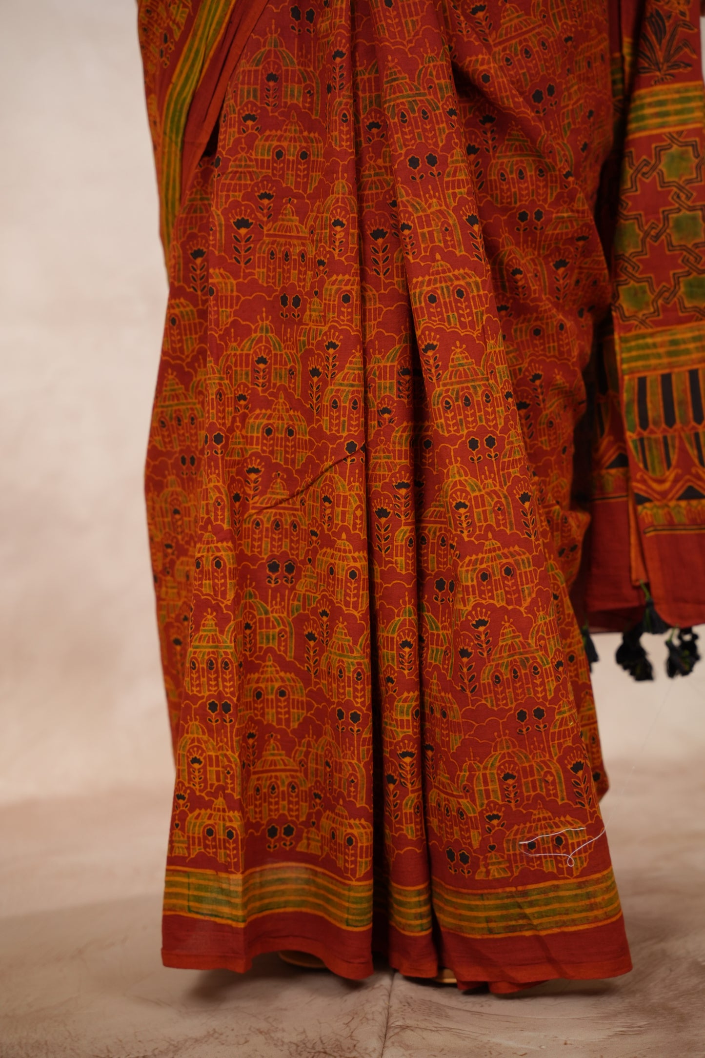 Ajrakh Hand Block Printed Cotton Saree | Looms & Tassels